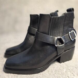 Sam Edelman Harness Western Moto Boots Black Leather Square Toe Womens 6